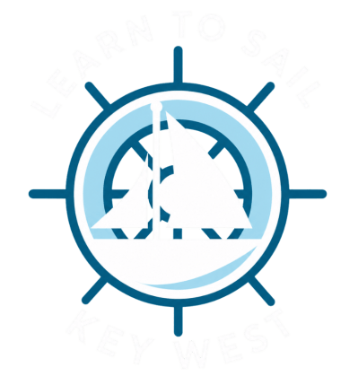 Logo with sailboat inside ship's wheel.