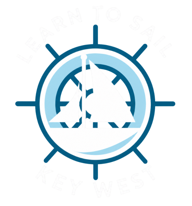 Logo with sailboat inside ship's wheel.
