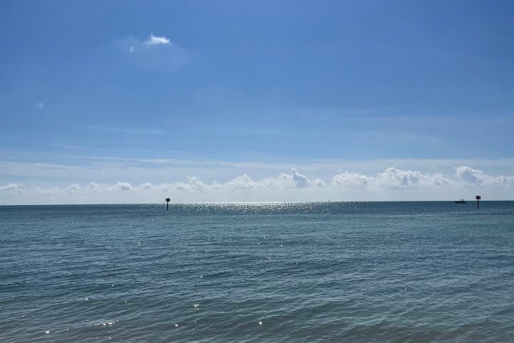 Sunny beach scene with blue sky, ocean waves, and sandy shore.